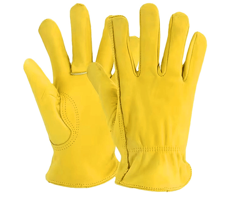 Leather Work Yellow Gloves for Motorcycle and Electric Vehicle Riding, Cowhide Protective Gloves for Handling and Driving - FEZS