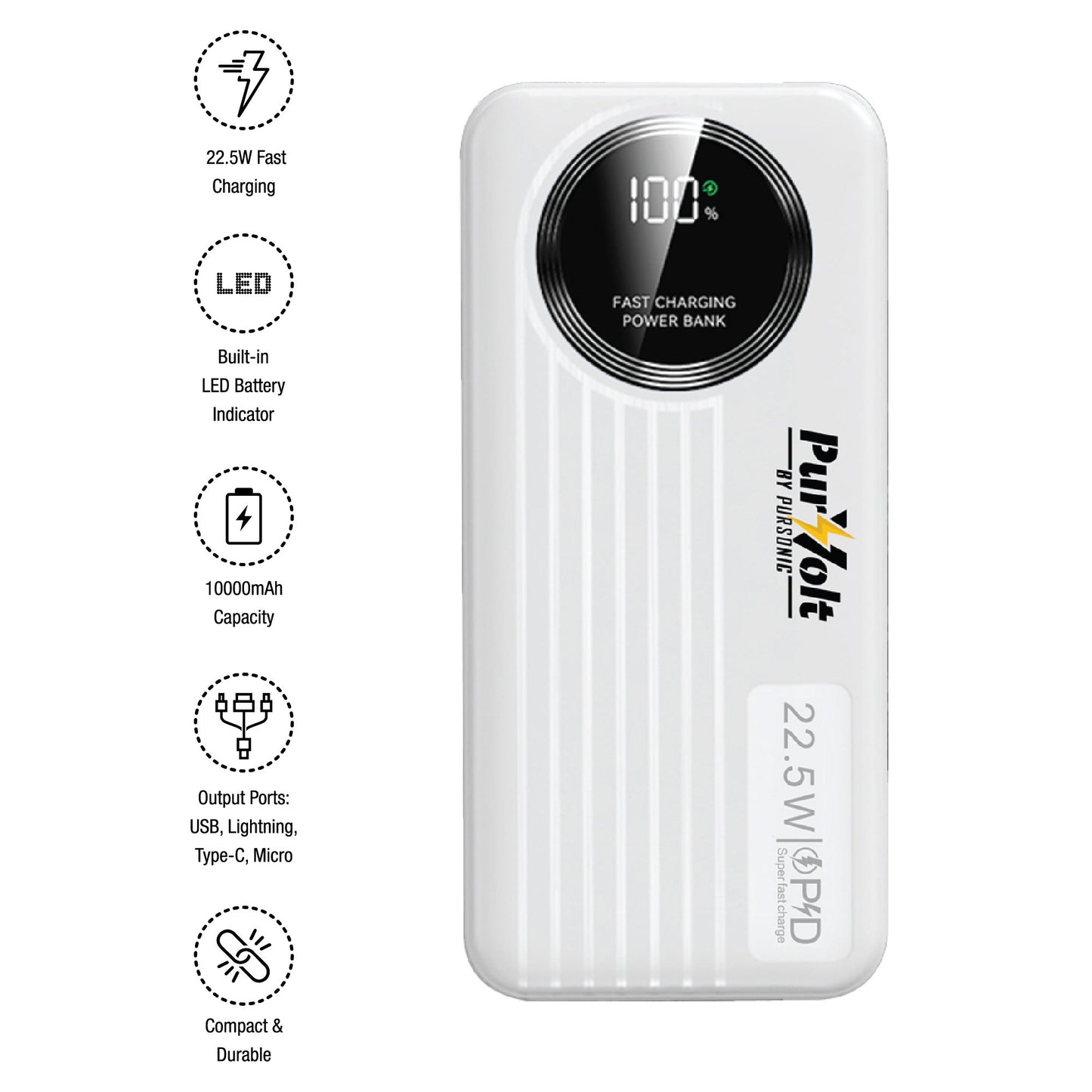 Pursonic 10,000mAh LED Fast Charging Power Bank – Built - in Cables, 22.5W Output, Type - C/USB/Lightning Compatibility - FEZS