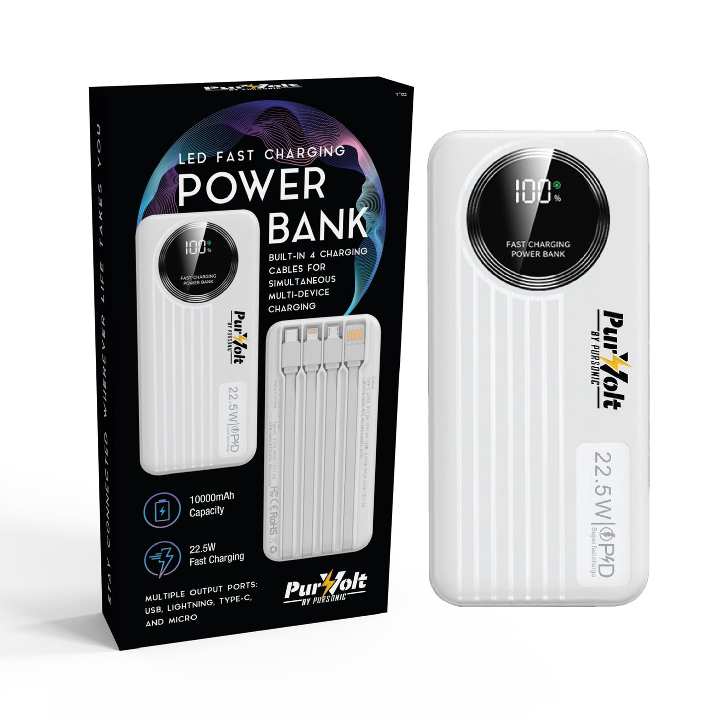 Pursonic 10,000mAh LED Fast Charging Power Bank – Built - in Cables, 22.5W Output, Type - C/USB/Lightning Compatibility - FEZS