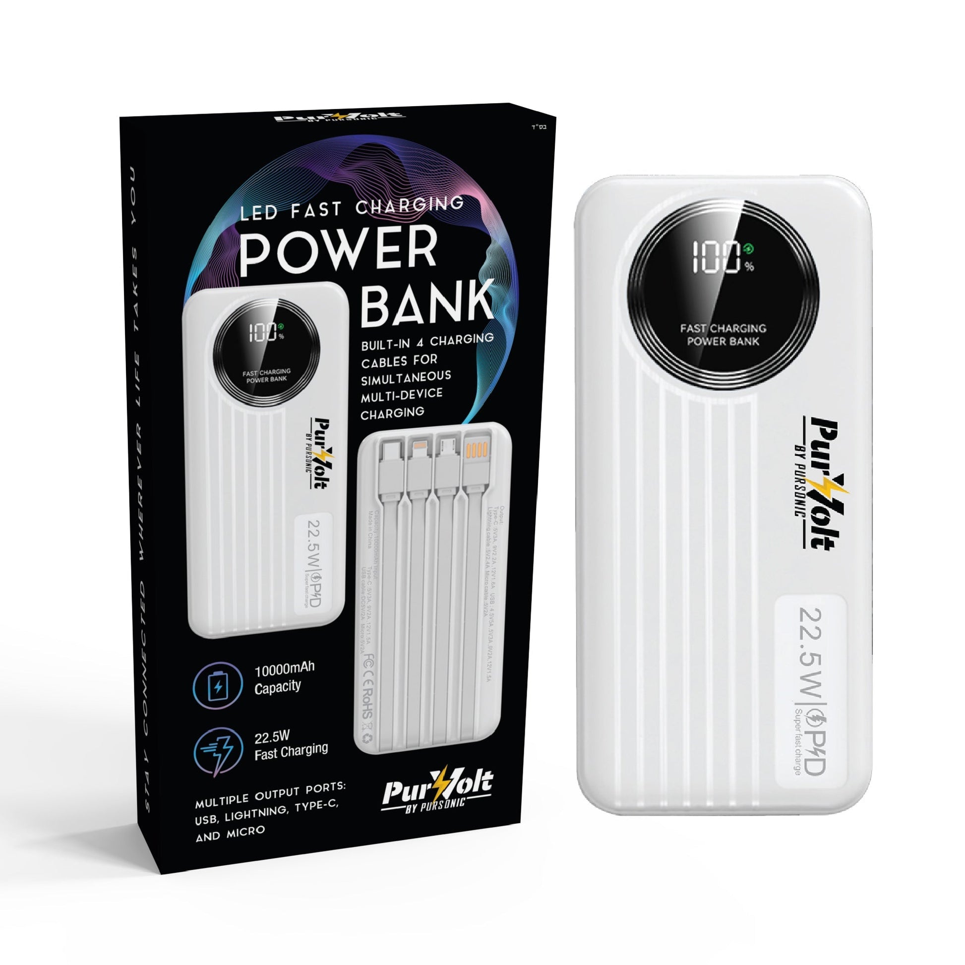 Pursonic 10,000mAh LED Fast Charging Power Bank – Built - in Cables, 22.5W Output, Type - C/USB/Lightning Compatibility - FEZS